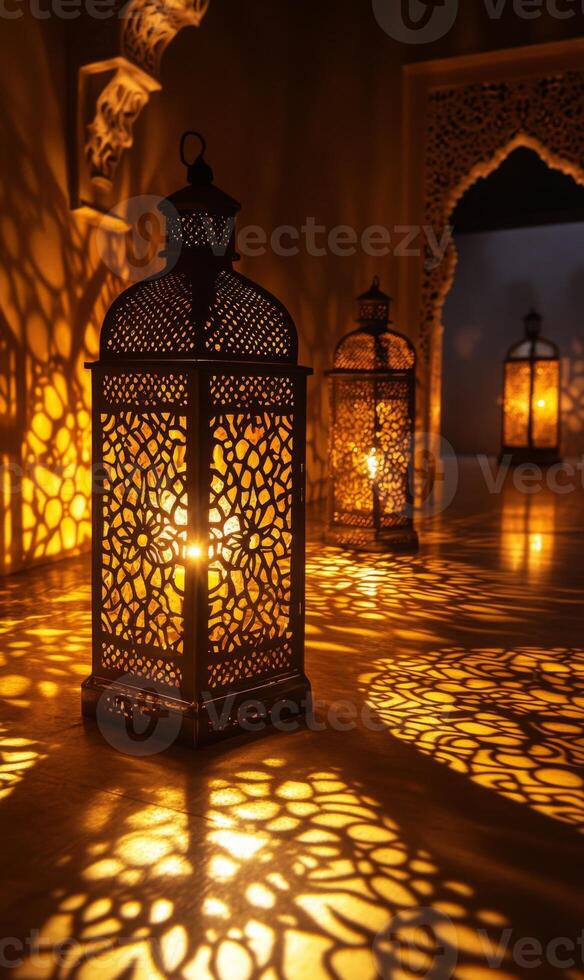 Decorative lanterns cast intricate shadow patterns in a dimly lit interior space with arches photo