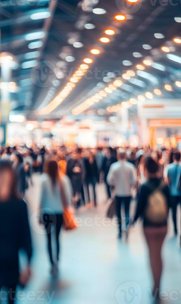 Blurred Motion of People Walking in Modern Business Convention Center Hallway photo