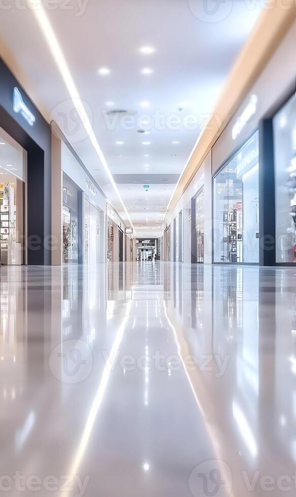 Modern shopping center interior with illuminated storefronts and polished floor design photo