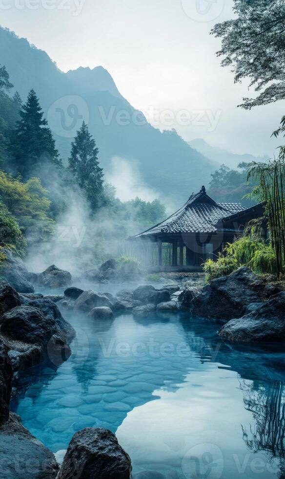 Mystical onsen retreat with ethereal mist, set against majestic mountains and lush greenery photo