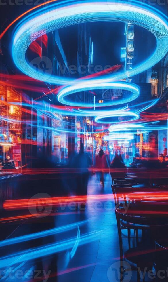 Abstract cityscape displaying blurred lights and motion through an urban nightlife scene photo