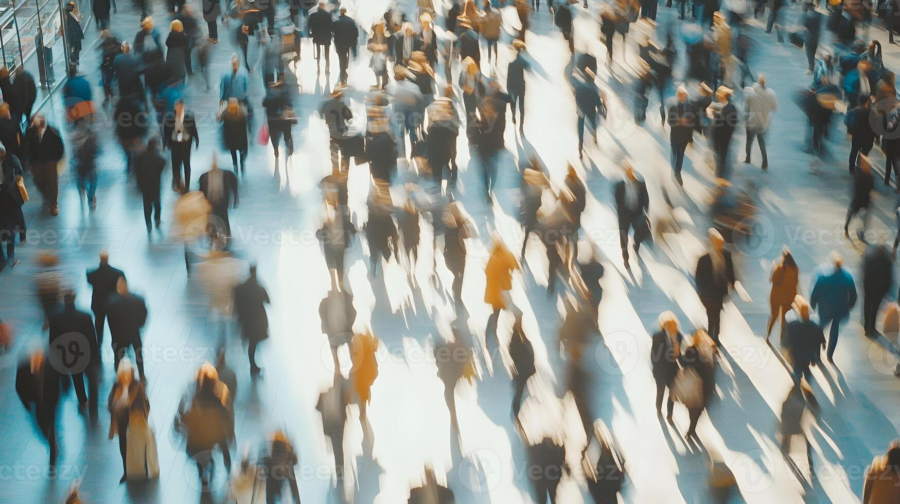 Blurred Motion of Commuters Walking in a Busy City Represents Urban Lifestyle photo