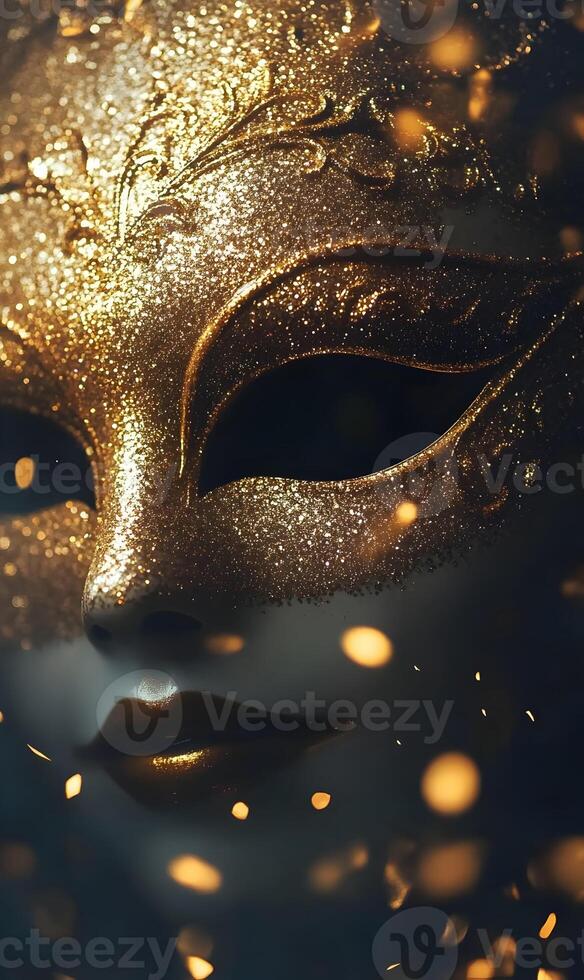Elegance Unveiled, A Golden Venetian Mask Shimmers in the Dark with Mysterious Charm photo