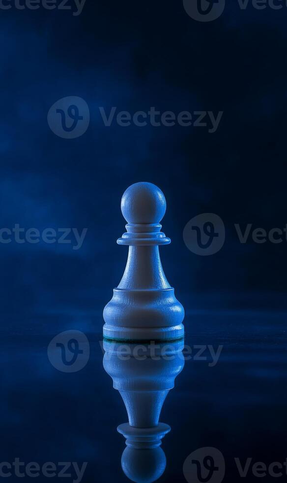 Pawn in blue spotlight with reflection, Strategy, intellect, and the game of life photo