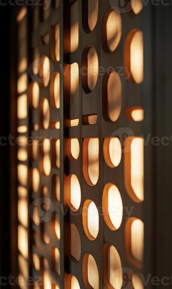 Abstract wooden panel with oval openings casting warm light creating a geometric pattern photo