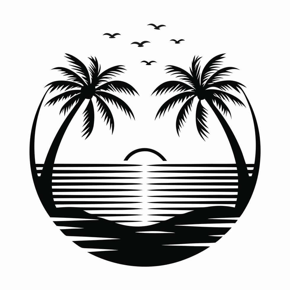 Tropical Beach Sunset Silhouette with Palm Trees Circular vector
