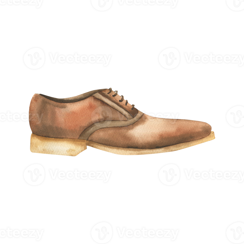 Leather men brown shoe watercolor illustration. Male classic office shoe clipart, hand drawn boot painting, wear for foot. For poster, label, logo, birthday card, invitation design png