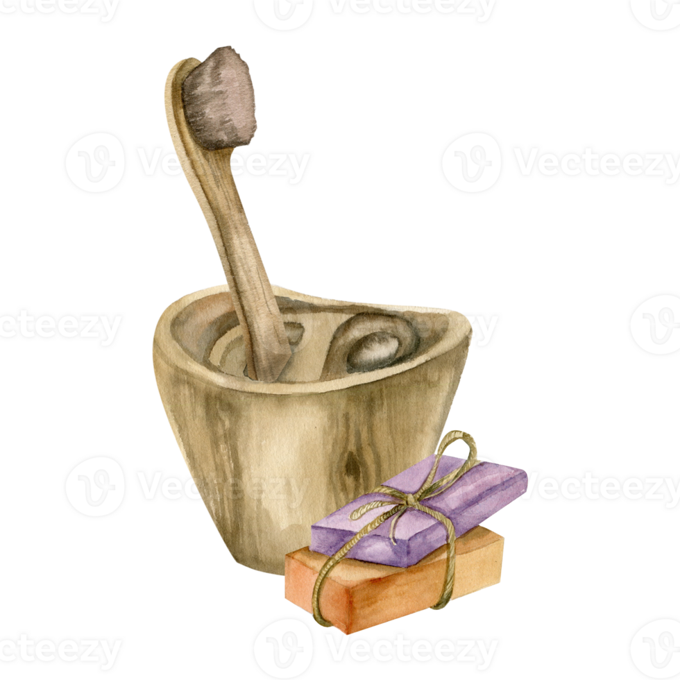 Eco friendly personal hygiene watercolor clipart with bamboo toothbrush in wooden cup and soap.Hand drawn bathroom items for mouth wash.Isolated for poster, packing, interior, no plastic label design png