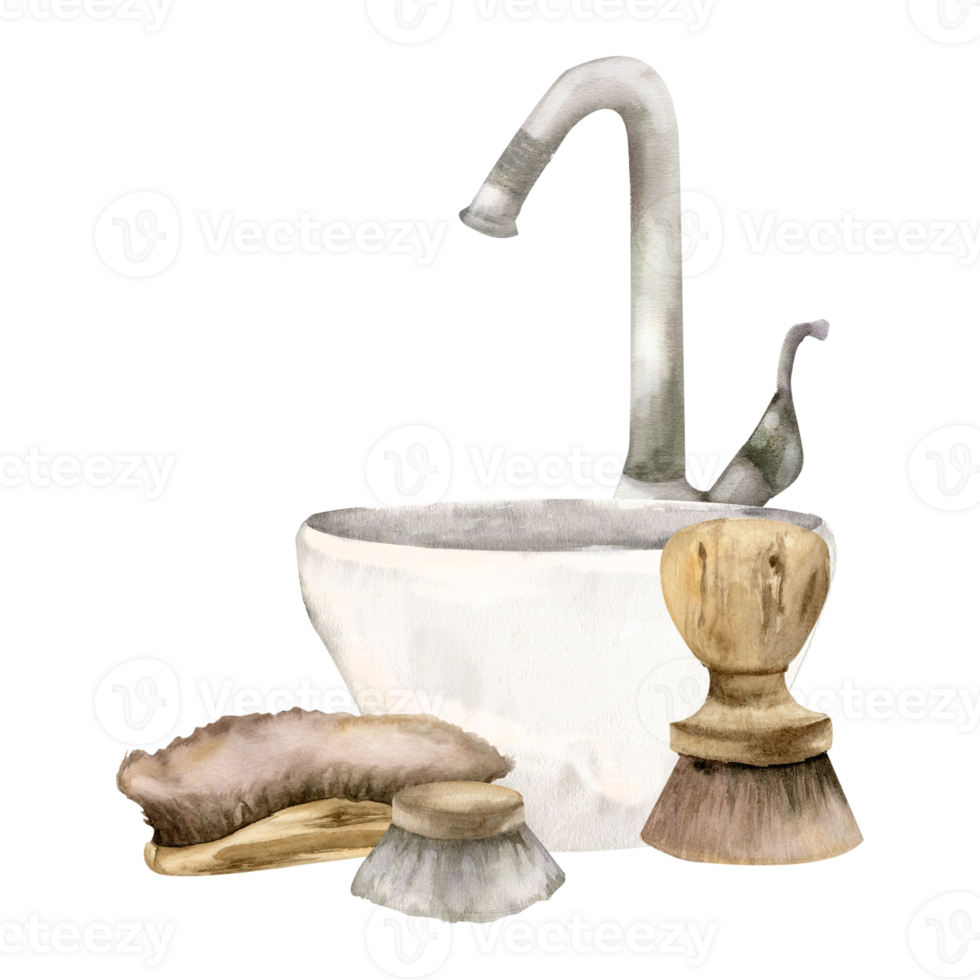 White sink with tap and zero waste wooden brushes watercolor illustration. hand drawn eco friendly composition with cozy home objects, washing tools clipart for product packing, label, logo design. png