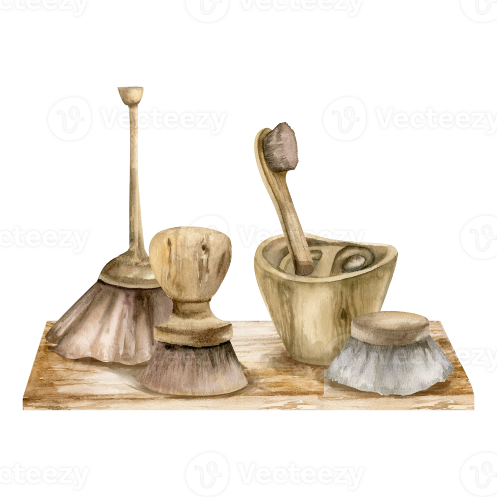 Wooden zero waste washing brushes on wooden tables watercolor illustration. Hand drawn cleaning tools clipart, eco friendly home utensils with hygiene objects for poster, magazine, packing design png