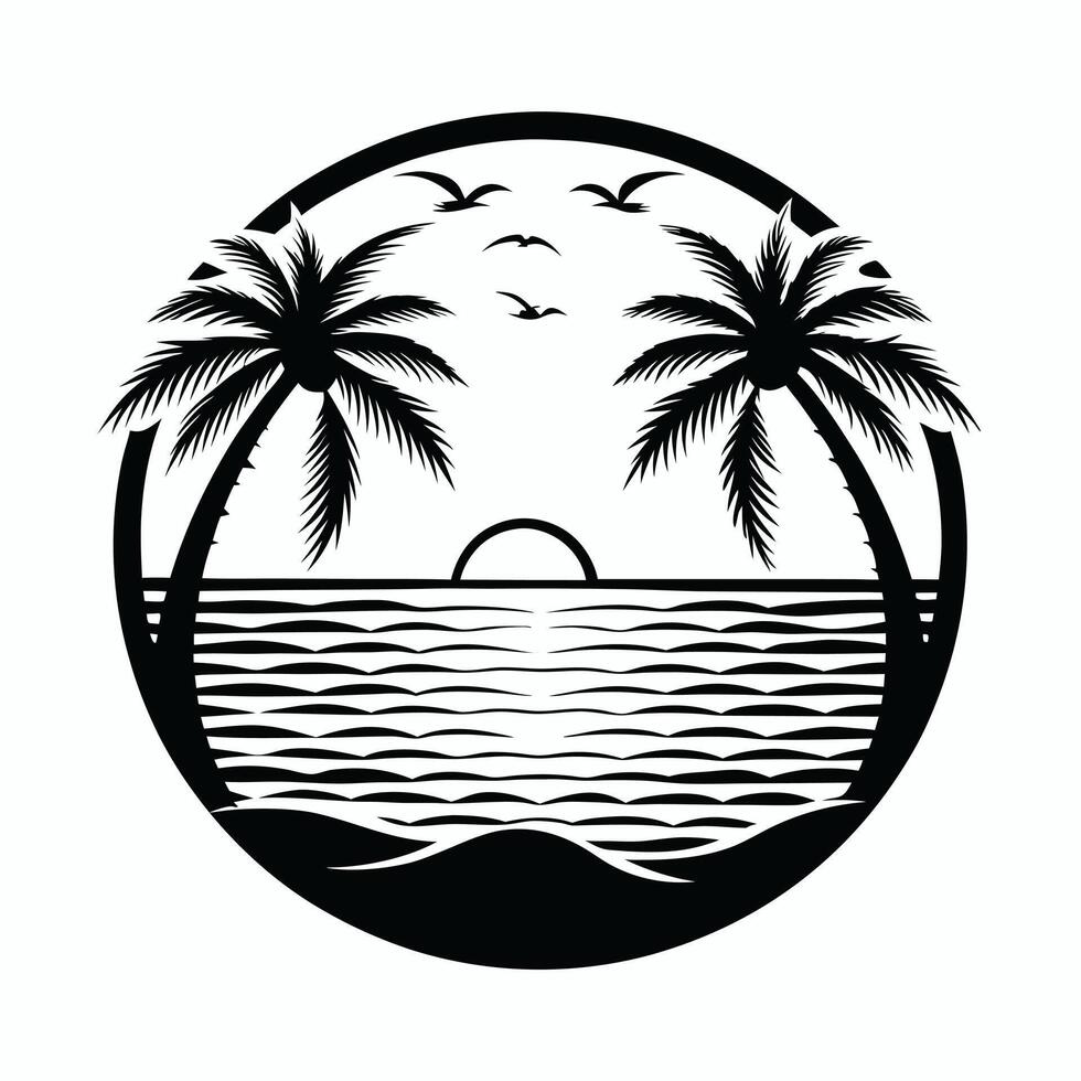 Tropical Island Silhouette Circle Design with Palm Trees and Sun vector