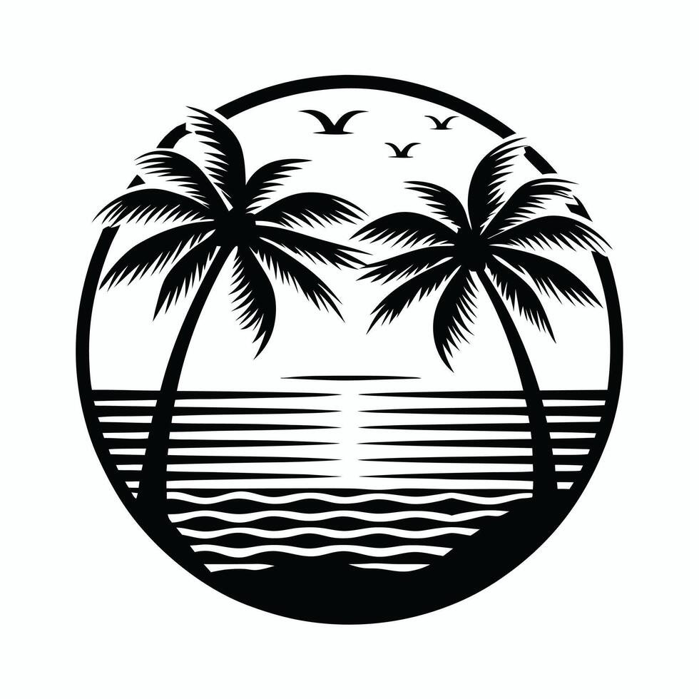 Sunset Beach Scene Palm Trees and Ocean Silhouette Illustration vector