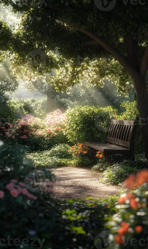 Sunlight dappled pathway through a serene garden leading to a wooden park bench seat photo