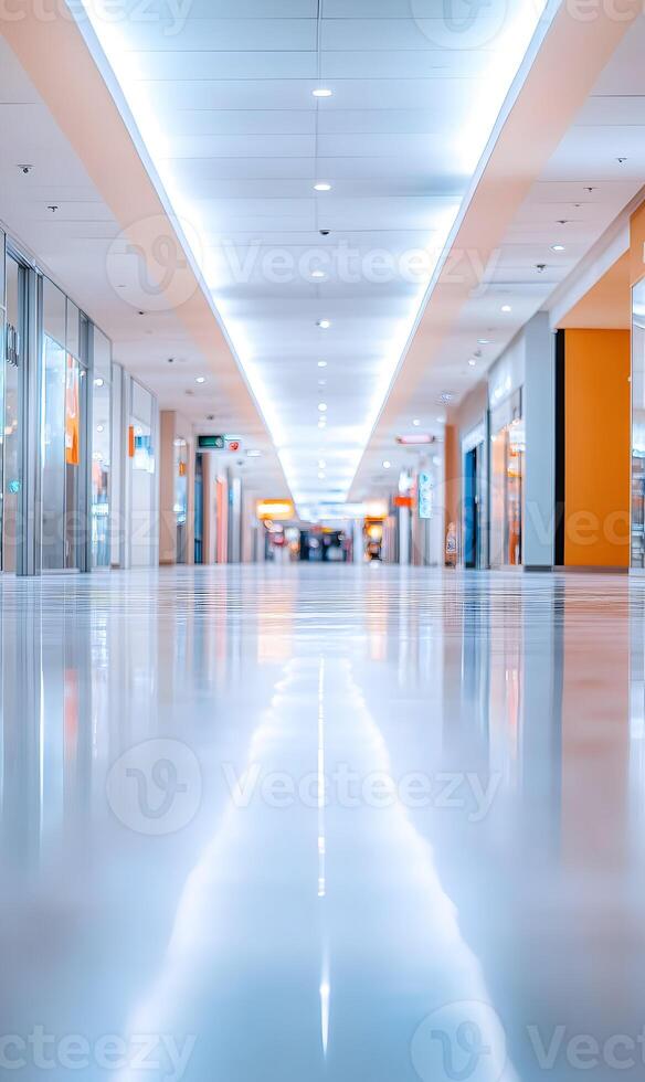 Sleek and Modern Shopping Mall Interior with Polished Floors and Bright Architectural Lighting photo