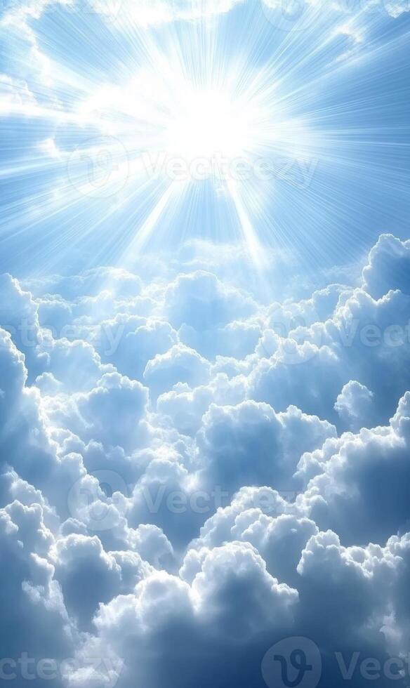 Ethereal radiance over a boundless sea of clouds in celestial blue atmosphere photo