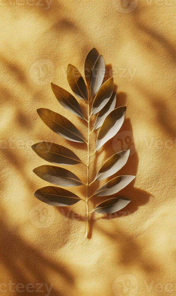 Elegant botanical study featuring a verdant twig against a textured ochre backdrop and shadows photo