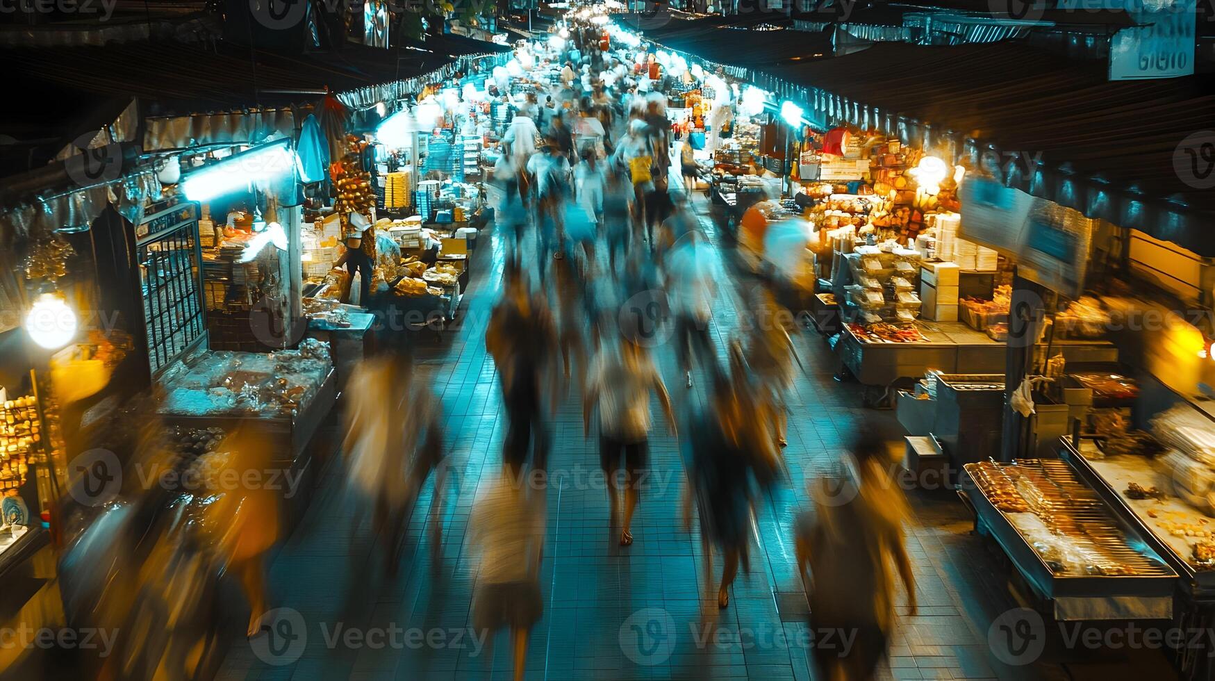 Night market scene captured with a slow shutter speed creating a sense of movement photo