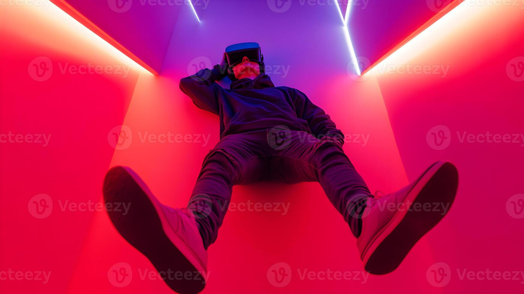 Immersed in virtual reality a futuristic experience with vibrant neon light ambiance and technology photo