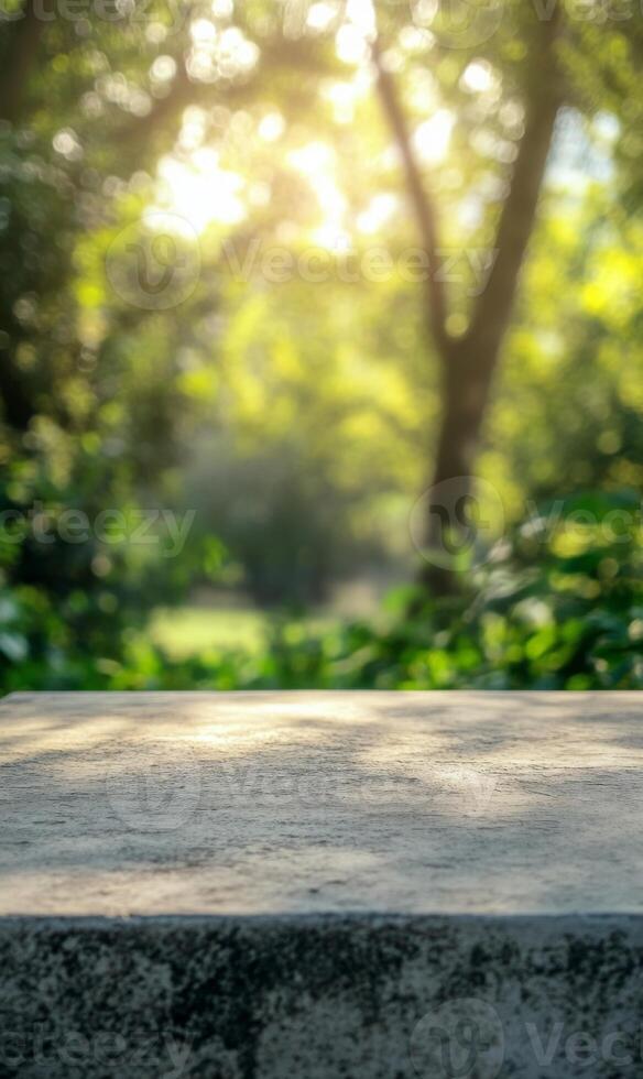 Stone surface against verdant backdrop evoking nature's harmony and serene tranquility photo