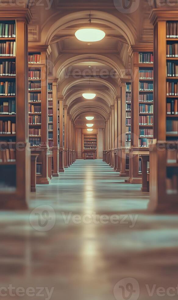 Serene library corridor featuring rows of vintage books and classic architecture photo