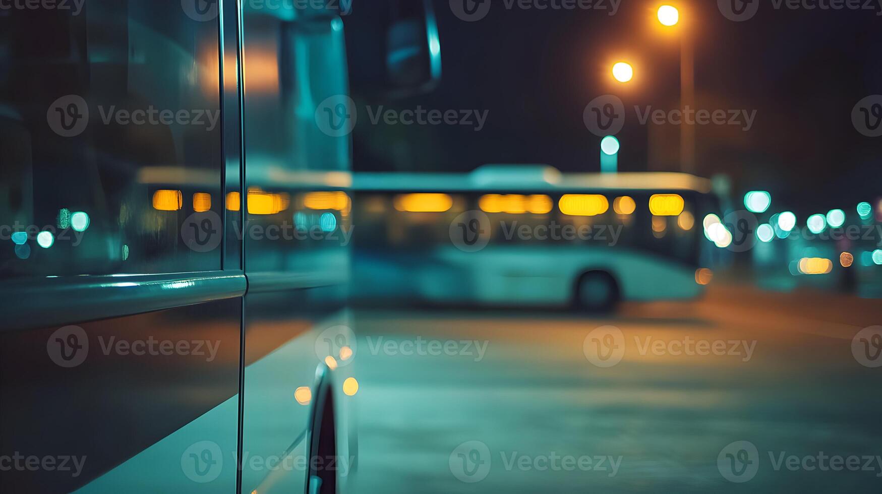 Abstract Blur of a Bus at Night, Evokes a sense of motion and modern urban living. photo
