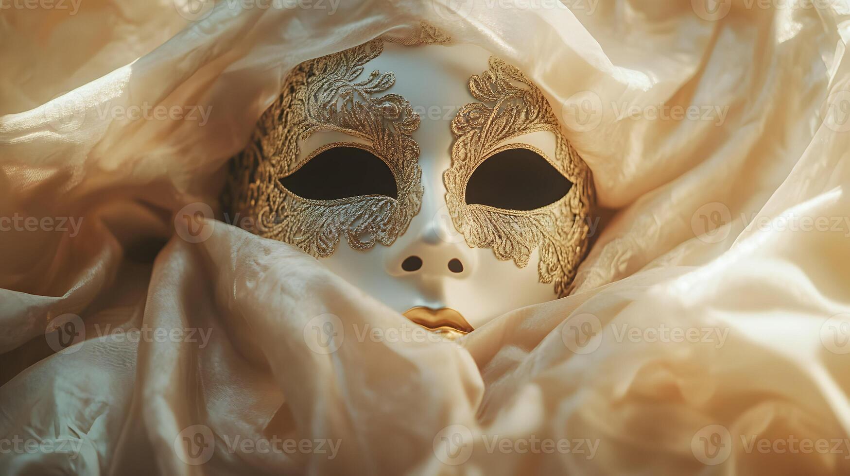 Elegant venetian mask with intricate gold details and soft flowing fabric backdrop photo