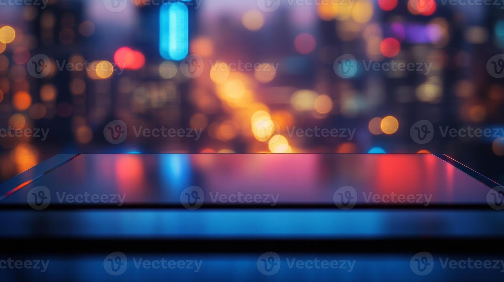 Sleek product display platform with a vibrant cityscape backdrop at twilight hour creating depth photo