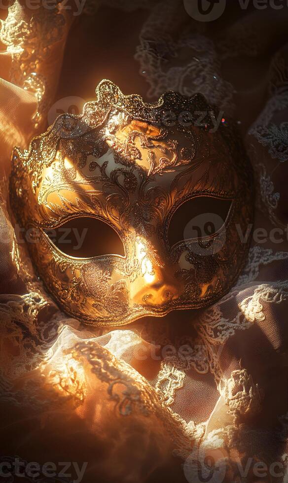Golden Venetian Mask Shining Brightly on Lace Fabric a Symbol of Mystery and Elegance photo
