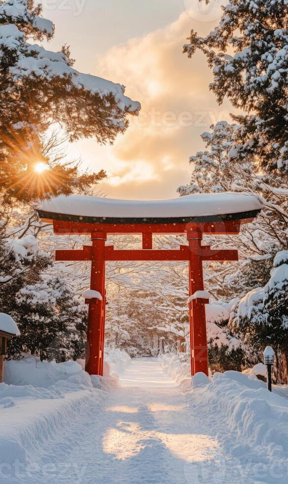 Serenity Through Snow Covered Torii Gate, A Winter Pathway at Dawn with Golden Sunlight photo
