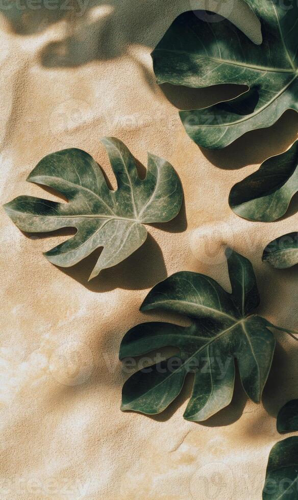 Tropical monstera leaves casting shadows on textured earth tone surface, evoking tranquility photo