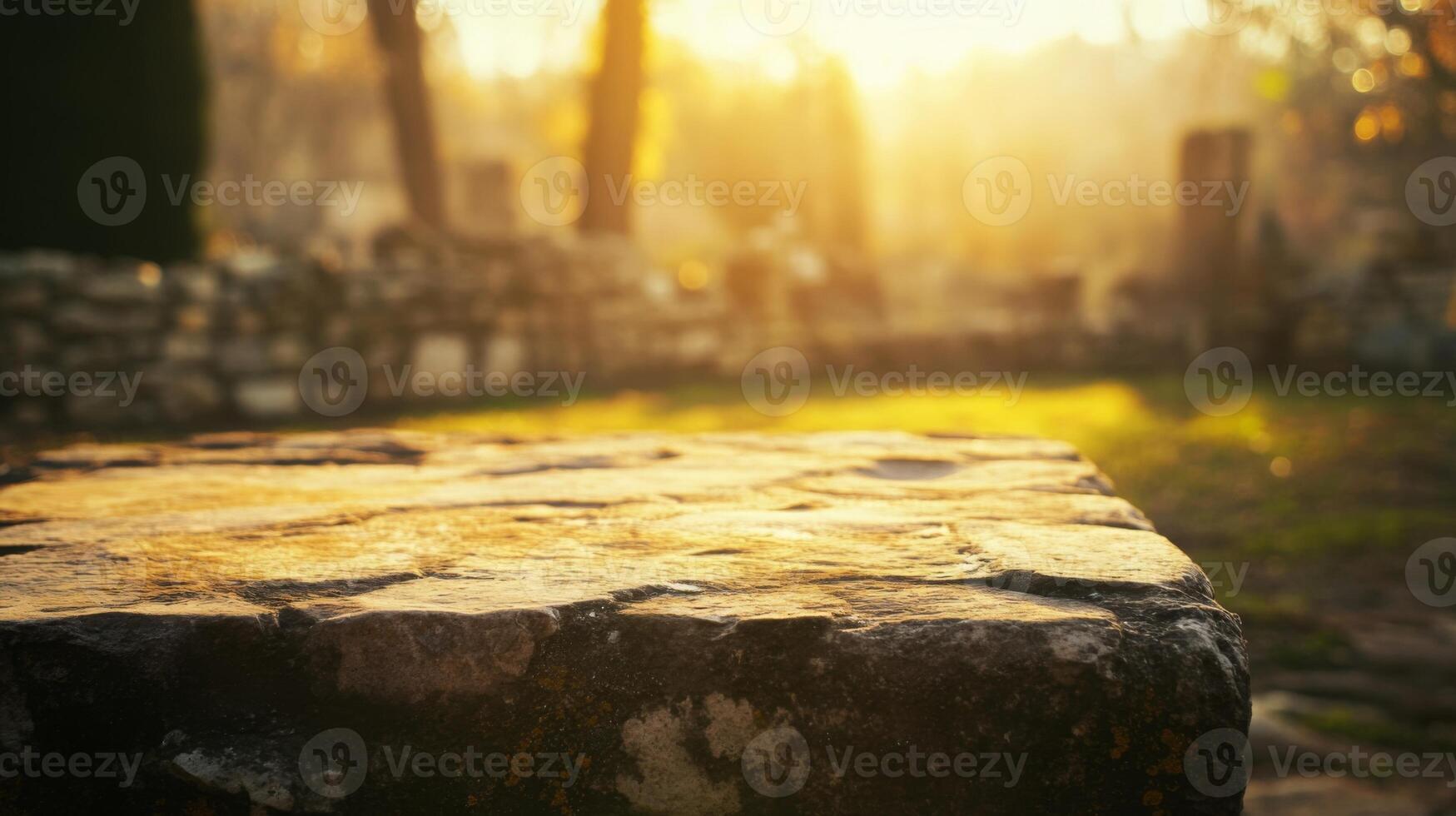 Sun kissed weathered stone surface against golden hour ethereal backdrop landscape view photo