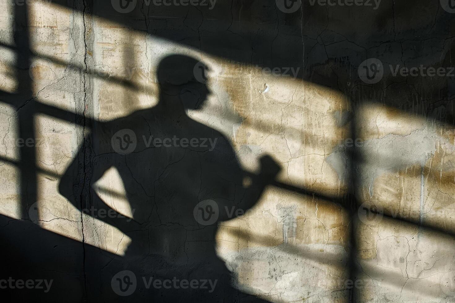 A man is running in front of a wall, casting a shadow on the wall photo