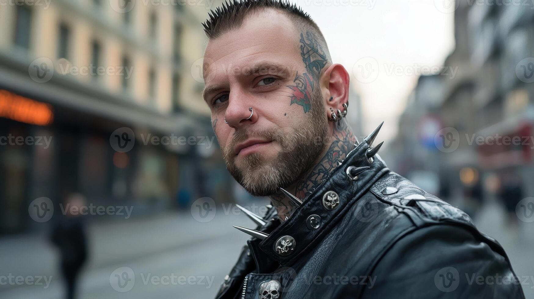 A man with tattoos on his face and a leather jacket photo