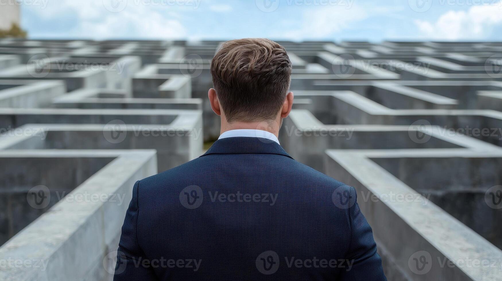 A man in a suit is looking at a maze photo