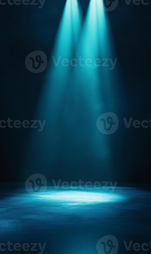 Abstract illuminated space showcasing cyan spotlights against a dark atmospheric backdrop photo