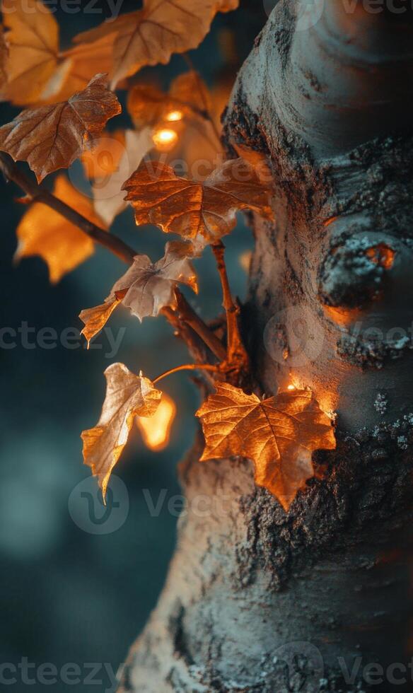 Glimmering autumn foliage clinging gently to the rugged bark of an aging tree trunk scene photo