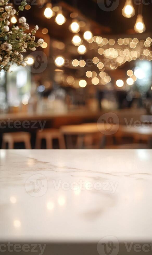 Elegant marble table top at cozy cafe, soft lighting creating warm, inviting ambience interior photo