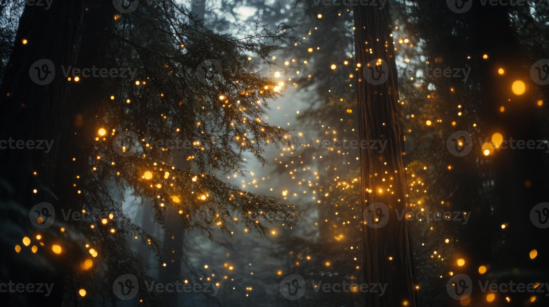 Enchanted forest illuminated with shimmering lights, a magical woodland atmosphere unfolds photo