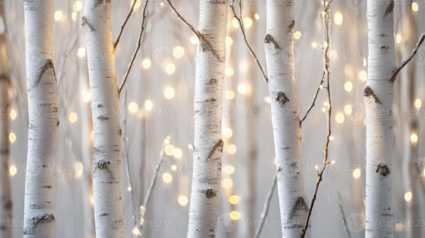 Enchanting birch forest with festive illumination creating a magical winter atmosphere photo