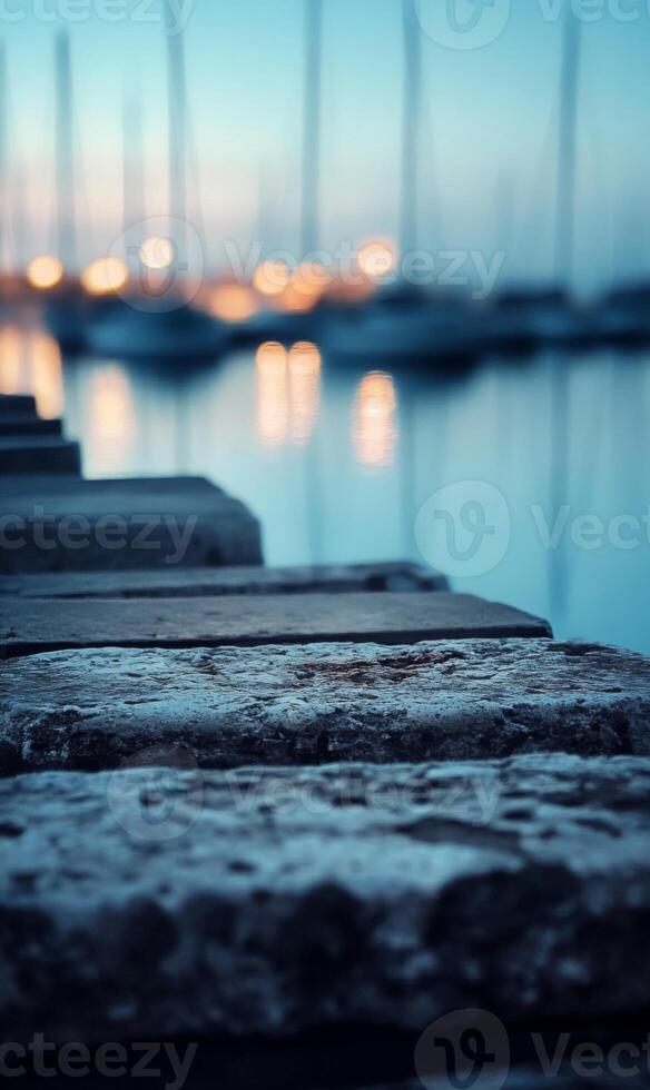 Serene twilight waterscape with stone steps leading towards blurred sailboats at harbor photo