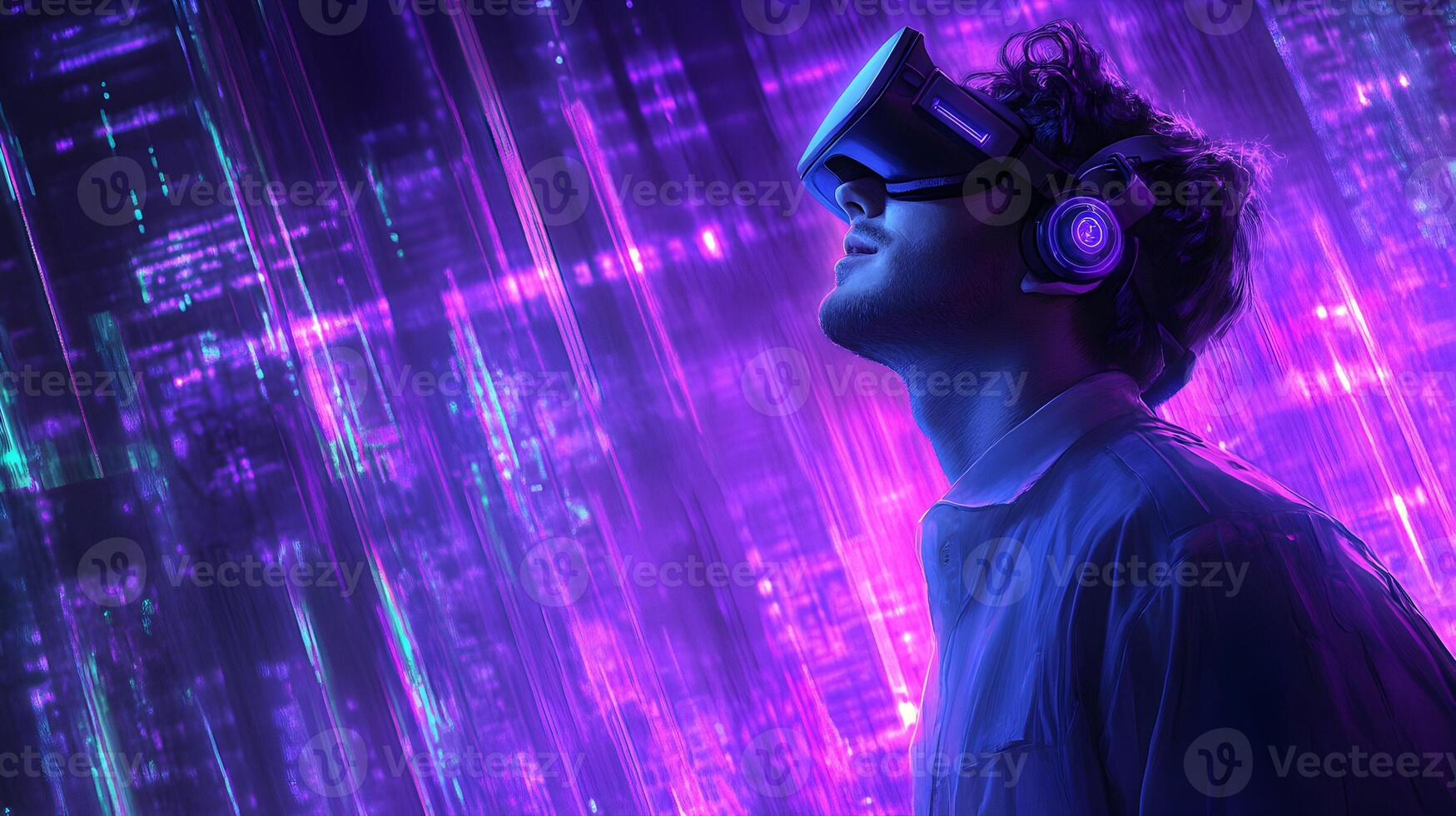 Immersive virtual reality experience with futuristic neon cityscape projection insight photo