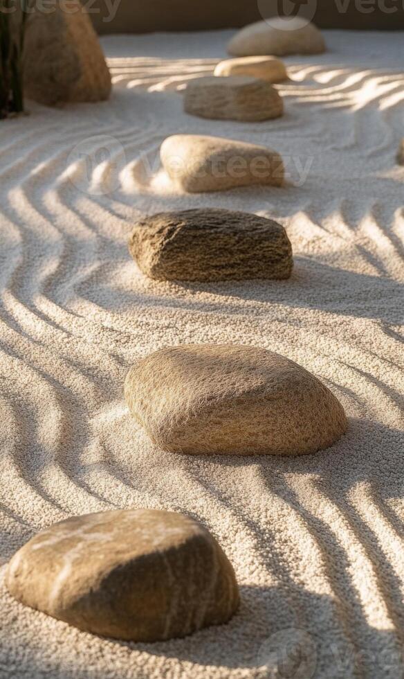 Tranquil zen garden arrangement featuring textured stones and raked sand patterns for serenity photo