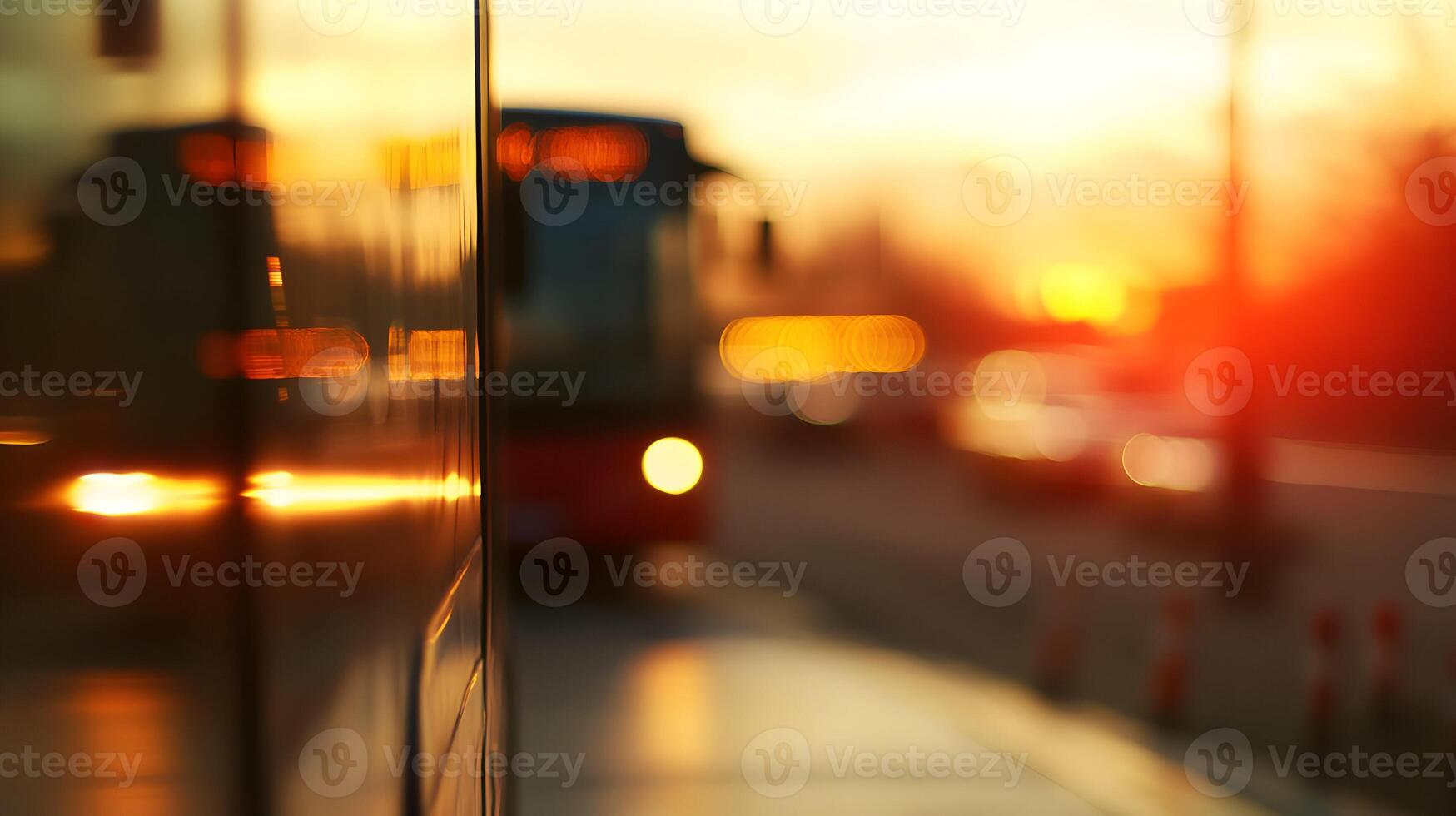 Golden hour reflections abstract city bus scene with vibrant sunset background photo