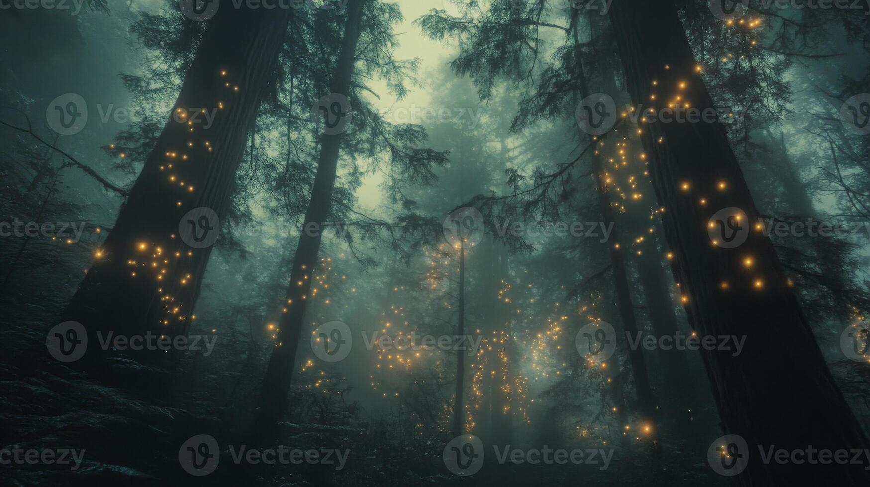 Enchanted forest with glowing lights, mystical woodland ambiance under twilight canopy photo