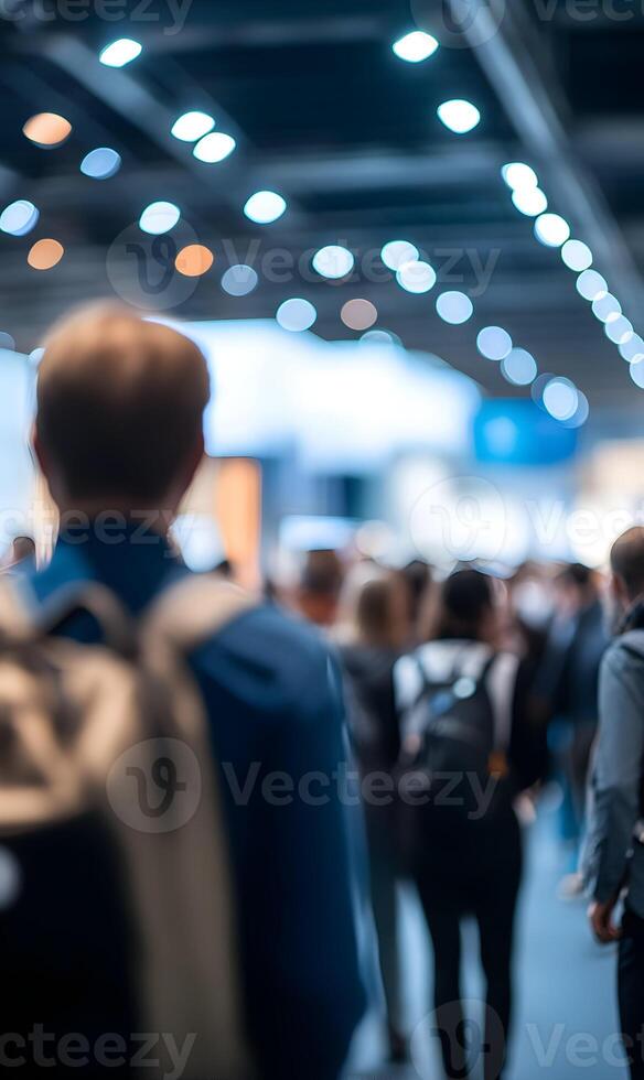 Blurred crowd of people walking at a business convention or trade show event photo
