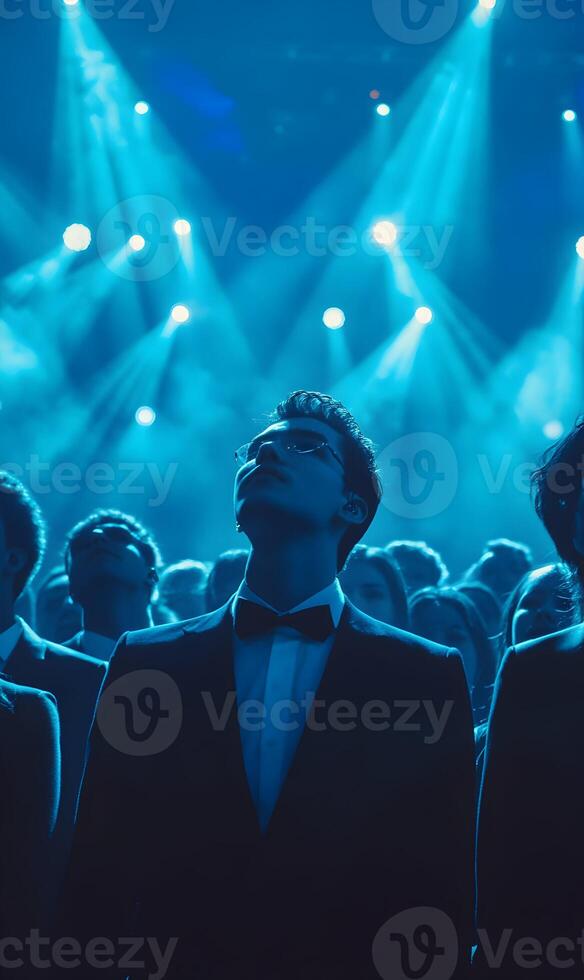 Formal event with crowd illuminated by blue lights focusing on an elegant attendee photo