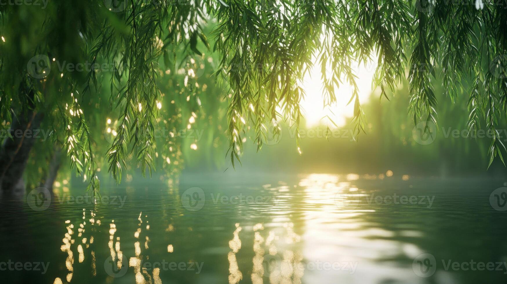 Dreamy waterside scene with weeping willow branches and sunlight reflecting on ripples photo