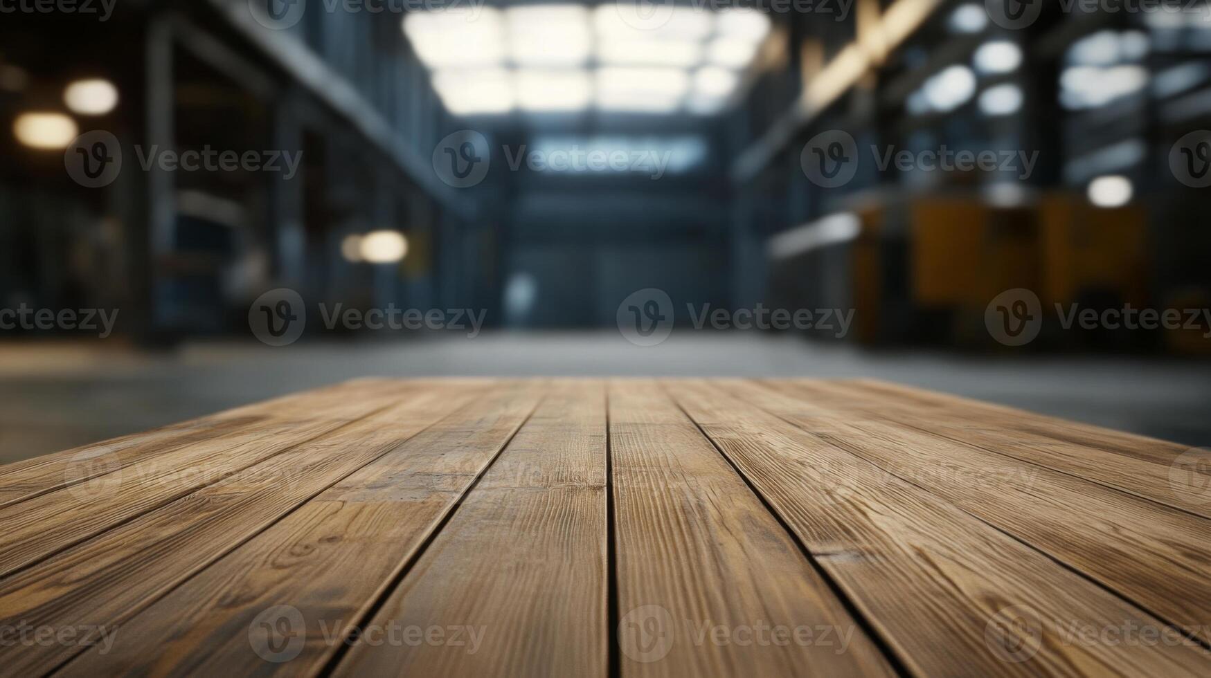 Rustic wood planks against a blurred industrial backdrop provide a sense of scale photo