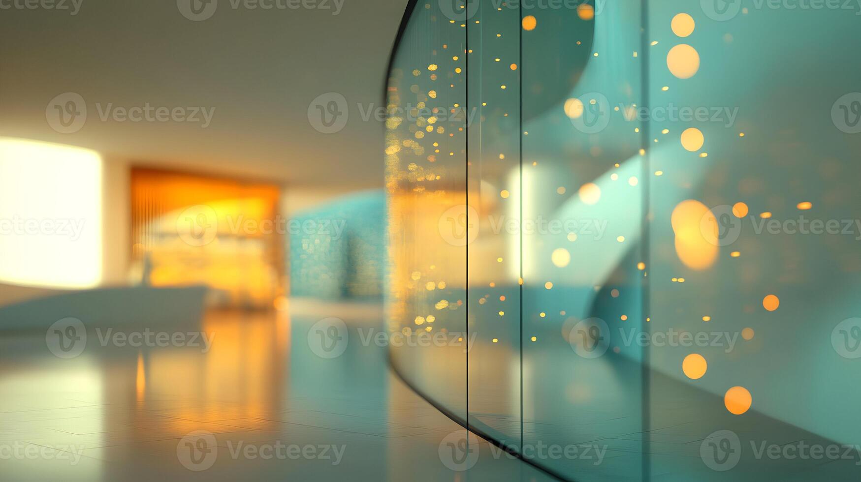 Abstract Architectural Interior with Glowing Orbs and Reflected Light Design Elements photo