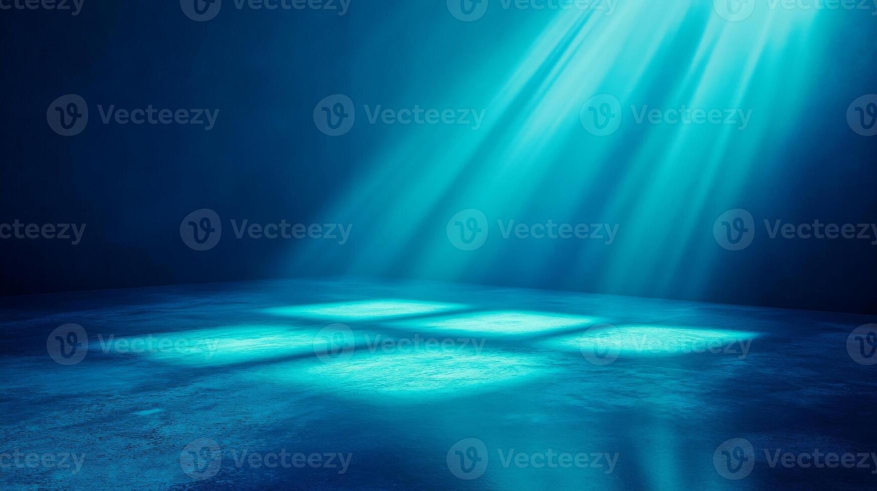 Ethereal turquoise rays piercing dark void, illuminating square patterns on textured floor photo